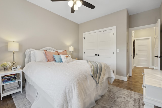 340 Back Nine Dr, Baneberry, TN 37890 - bedroom featuring wood finished floors, a closet, baseboards, and a ceiling fan