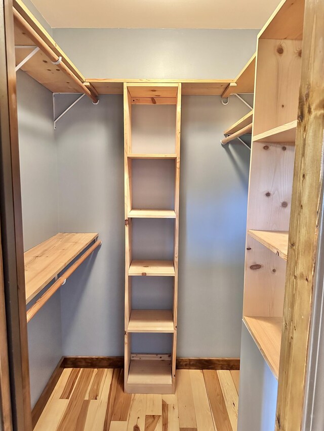 walk in closet with light hardwood / wood-style flooring