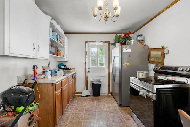 816 Choctaw St, Morristown, TN 37813 - kitchen featuring appliances with stainless steel finishes, ornamental molding, light countertops, a chandelier, and white cabinetry
