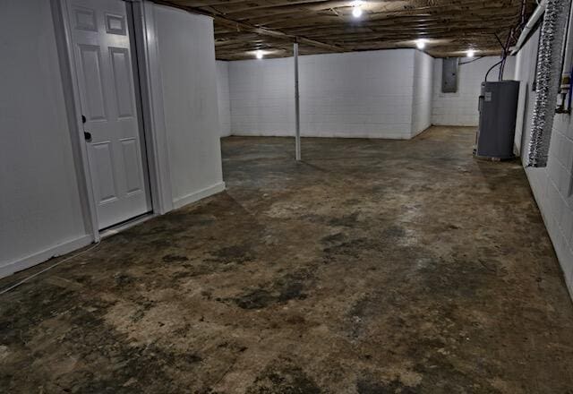 3646 Falcon Rd, Morristown, TN 37814 - unfinished basement featuring water heater, electric panel, and concrete block wall