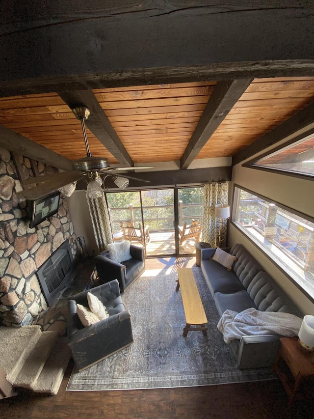 1081 Cove Rd Unit 734, Sevierville, TN 37876 - living room with wood finished floors, a ceiling fan, a fireplace, and wooden ceiling with exposed beams