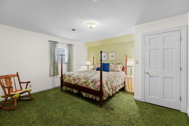 carpeted bedroom featuring wallpapered walls, visible vents, baseboards, and a textured ceiling