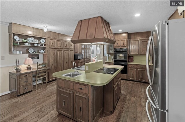 kitchen featuring stainless steel fridge with ice dispenser, dark wood-type flooring, wooden counters, a sink, and exhaust hood