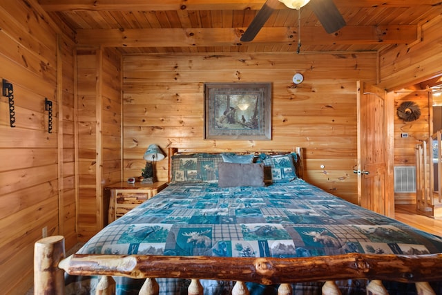 bedroom with wood ceiling, wooden walls, and beamed ceiling