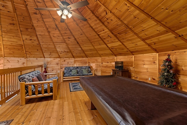 recreation room featuring vaulted ceiling with beams, wooden ceiling, wooden walls, billiards, and wood-type flooring