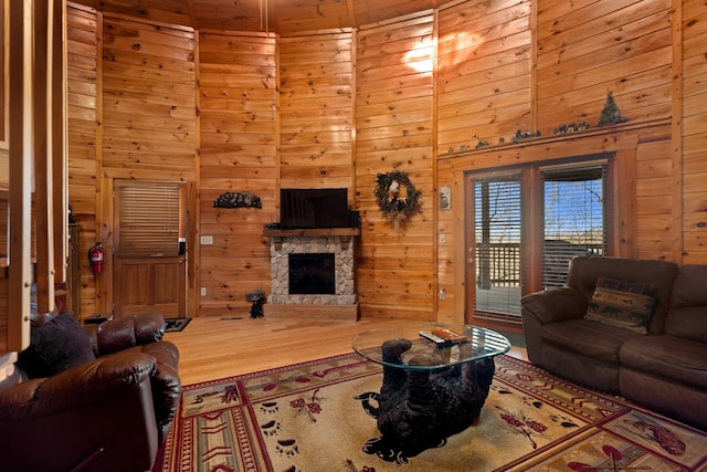 living area with wood walls and a stone fireplace