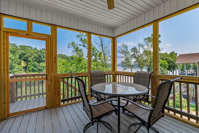 3099 Bridgewater Blvd, Morristown, TN 37814 - sunroom with a water view, outdoor dining space, ceiling fan, and view of wooded area