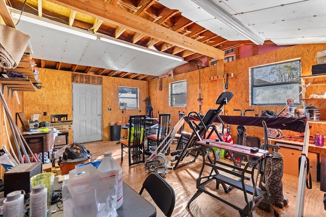 garage with wooden walls