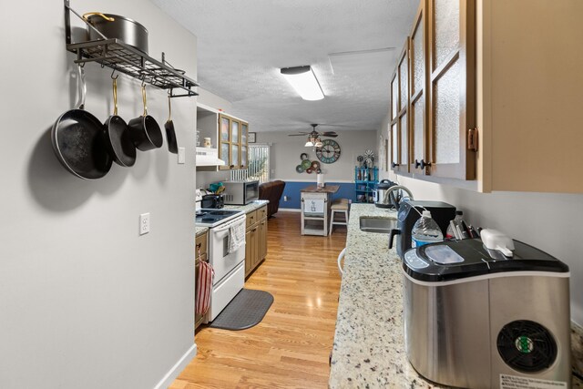 kitchen featuring white electric stove, light wood-style flooring, a sink, stainless steel microwave, and extractor fan