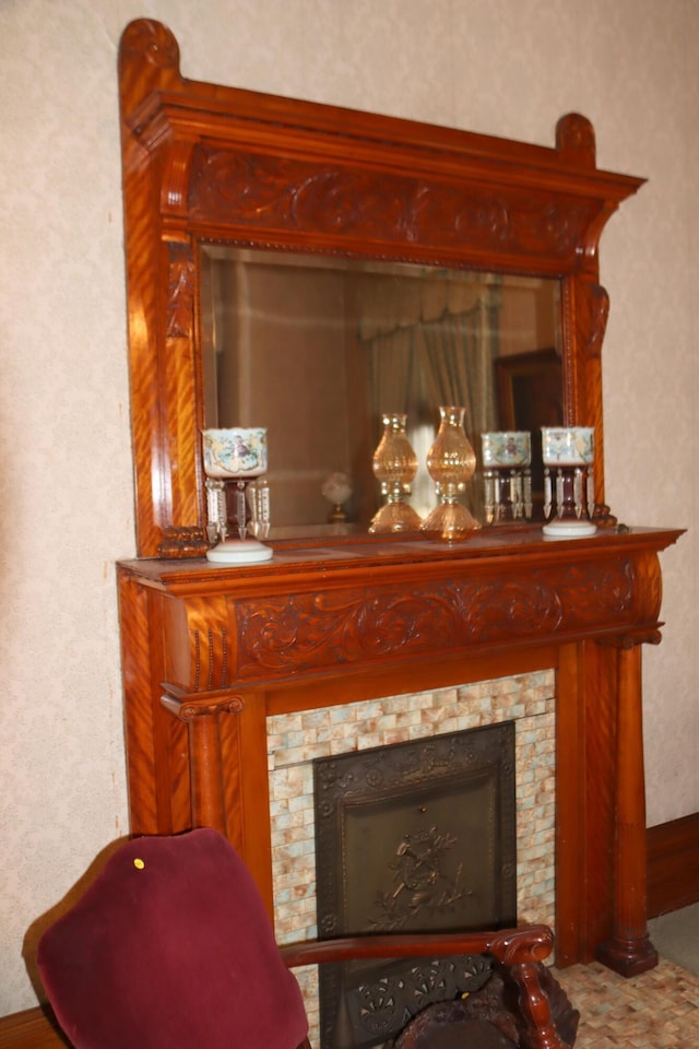 room details with a tile fireplace