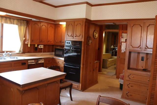 kitchen with sink, light colored carpet, crown molding, and black appliances