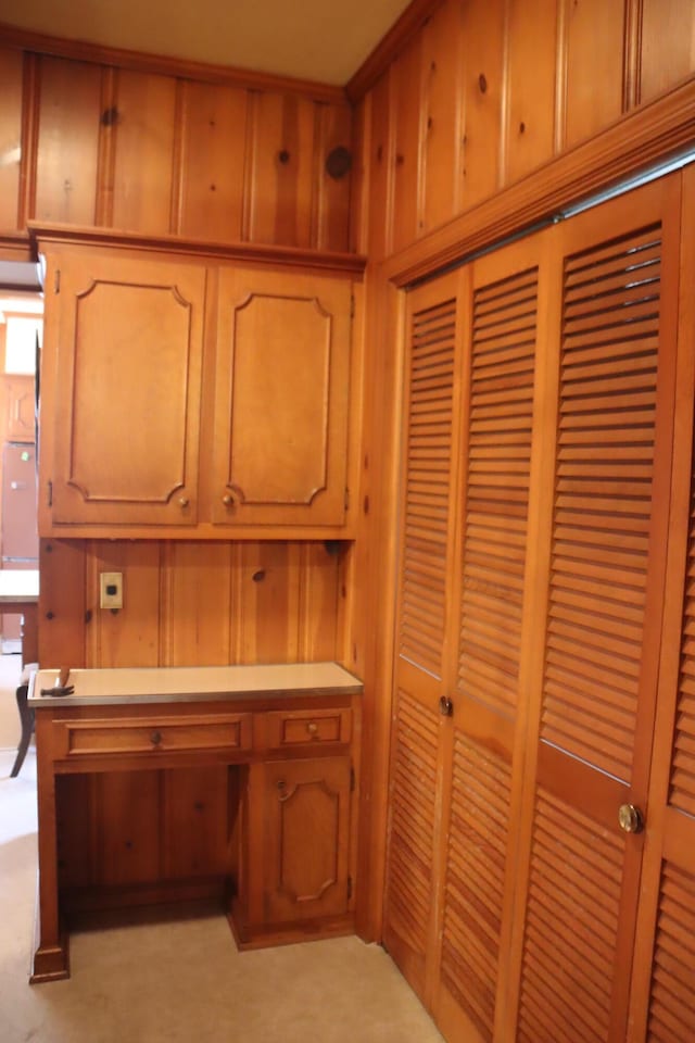 unfurnished office featuring light colored carpet and wooden walls