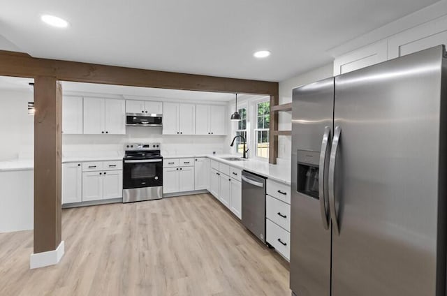 kitchen with white cabinets, sink, hanging light fixtures, light hardwood / wood-style floors, and stainless steel appliances