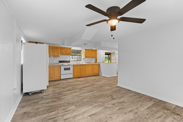 kitchen with light wood-type flooring, white appliances, ceiling fan, and sink