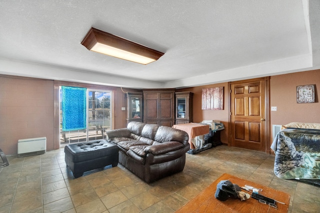 living area with a textured ceiling