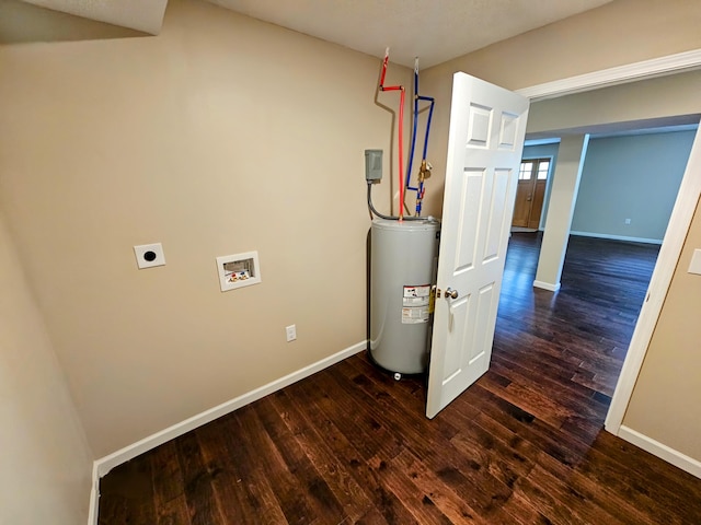 269 Buttercup Fields Rd, Newport, TN 37821 - laundry area with water heater, dark wood-type flooring, and baseboards