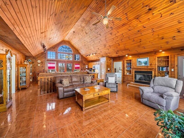 702 John Sevier Dr, Sevierville, TN 37876 - living area featuring a ceiling fan, wood ceiling, wood walls, a glass covered fireplace, and lofted ceiling