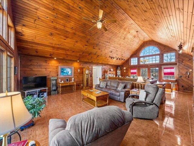 702 John Sevier Dr, Sevierville, TN 37876 - living room featuring wood ceiling, high vaulted ceiling, wood walls, and a ceiling fan