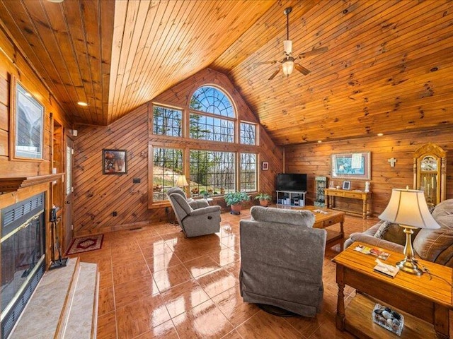 702 John Sevier Dr, Sevierville, TN 37876 - living area featuring wood walls, ceiling fan, wooden ceiling, and a fireplace