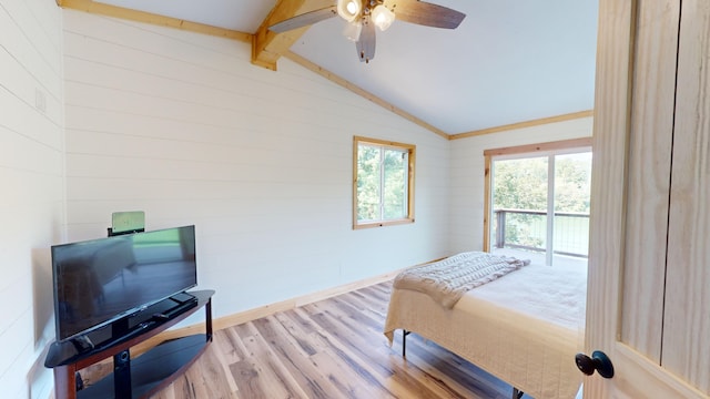 bedroom with vaulted ceiling with beams, ceiling fan, access to exterior, and wood-type flooring