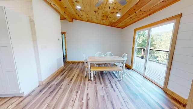 unfurnished dining area with vaulted ceiling with beams, wooden walls, light hardwood / wood-style flooring, and wooden ceiling