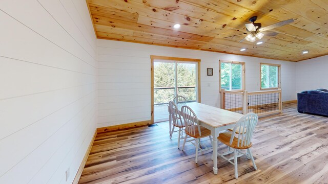 dining area with ceiling fan, wood ceiling, and light wood-type flooring