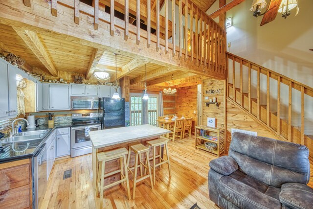 1136 E Foothills Dr, Gatlinburg, TN 37738 - kitchen featuring appliances with stainless steel finishes, a sink, light wood finished floors, a chandelier, and wooden ceiling with exposed beams