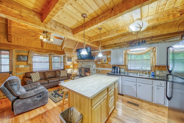 1136 E Foothills Dr, Gatlinburg, TN 37738 - kitchen with a sink, light wood finished floors, ceiling fan, freestanding refrigerator, and wood walls