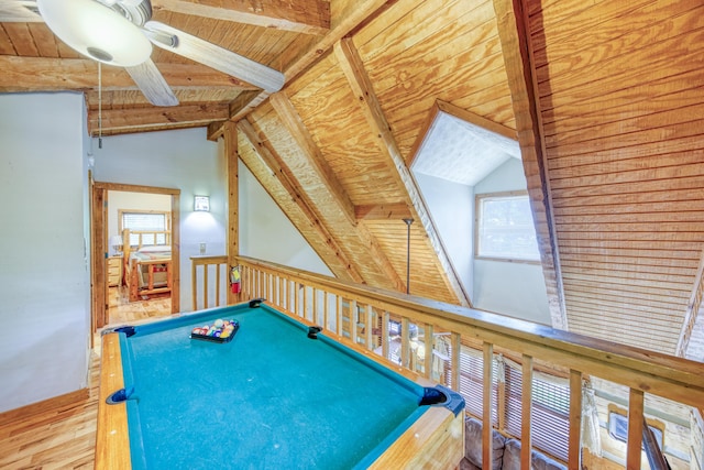 1136 E Foothills Dr, Gatlinburg, TN 37738 - playroom featuring ceiling fan, wood finished floors, wooden ceiling, and pool table