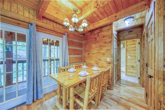 1136 E Foothills Dr, Gatlinburg, TN 37738 - dining space with wood ceiling with exposed beams, a chandelier, light wood-style flooring, and wood walls