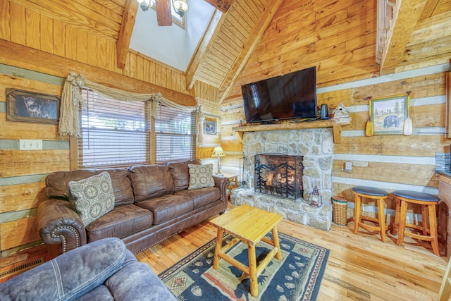 1136 E Foothills Dr, Gatlinburg, TN 37738 - living area with wooden walls, a fireplace, a ceiling fan, hardwood / wood-style floors, and beamed ceiling