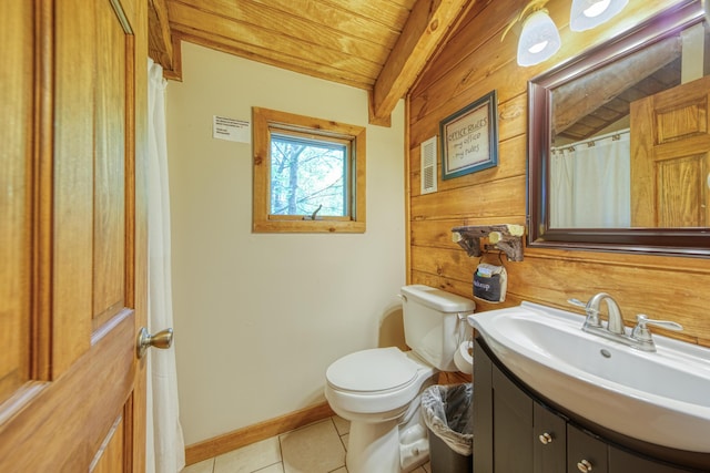 1136 E Foothills Dr, Gatlinburg, TN 37738 - full bath featuring wood ceiling with exposed beams, vanity, tile patterned floors, toilet, and wood walls