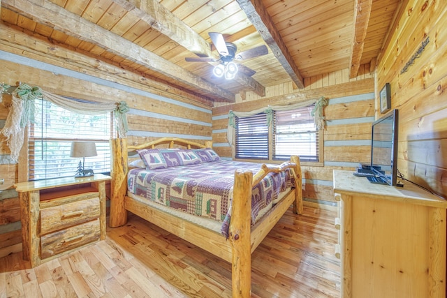 1136 E Foothills Dr, Gatlinburg, TN 37738 - bedroom with wood ceiling with exposed beams, wooden walls, and light wood-style flooring