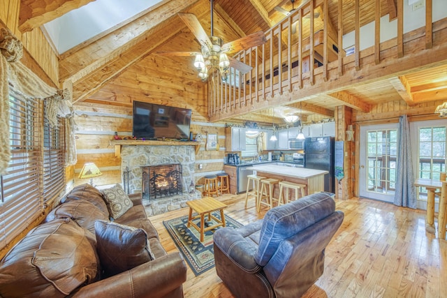 1136 E Foothills Dr, Gatlinburg, TN 37738 - living area featuring wood walls, wooden ceiling with exposed beams, light wood-type flooring, a fireplace, and a ceiling fan
