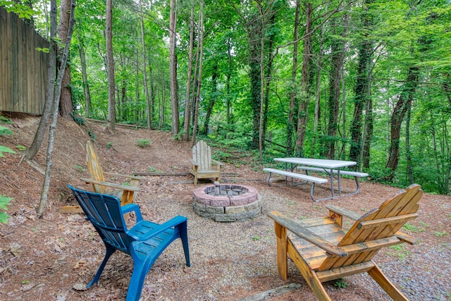 1136 E Foothills Dr, Gatlinburg, TN 37738 - view of patio / terrace with a fire pit and a forest view