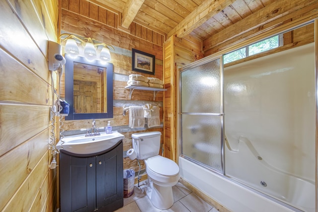 1136 E Foothills Dr, Gatlinburg, TN 37738 - full bath with wood ceiling with exposed beams, wooden walls, toilet, vanity, and tile patterned floors