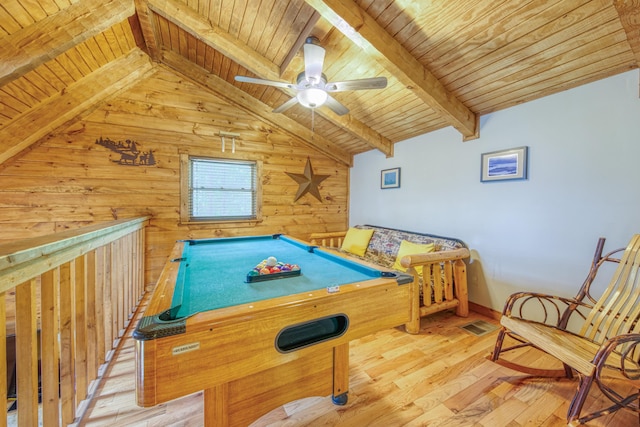 1136 E Foothills Dr, Gatlinburg, TN 37738 - rec room featuring wooden ceiling, wood walls, wood-type flooring, billiards, and a ceiling fan