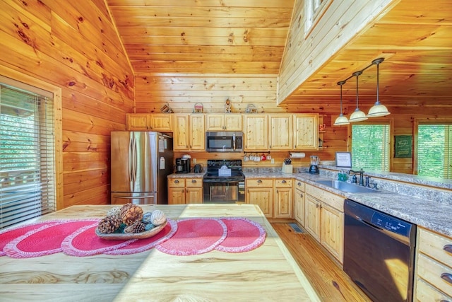 2329 Willow Ln, Sevierville, TN 37862 - kitchen featuring black appliances, a sink, light brown cabinetry, wood walls, and lofted ceiling