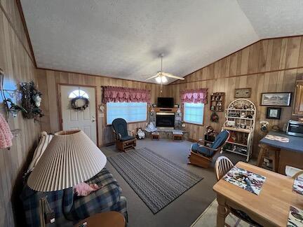 515 Mountain Lake Way, Newport, TN 37821 - living area featuring wood walls, a fireplace with raised hearth, and lofted ceiling