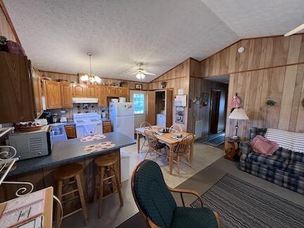 515 Mountain Lake Way, Newport, TN 37821 - kitchen featuring wood walls, lofted ceiling, stove, and under cabinet range hood