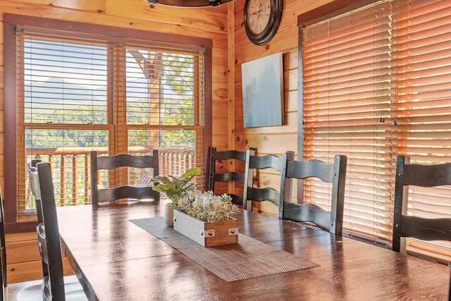 dining space with wood walls