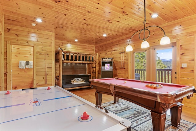 game room with billiards, wooden ceiling, light wood-type flooring, and wood walls