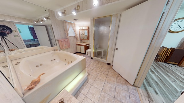 bathroom featuring plus walk in shower and vanity