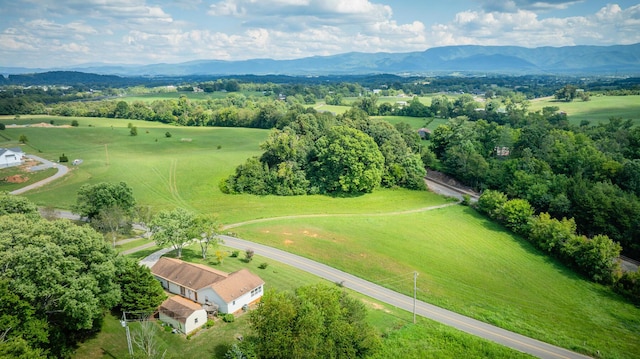 birds eye view of property featuring a mountain view and a rural view