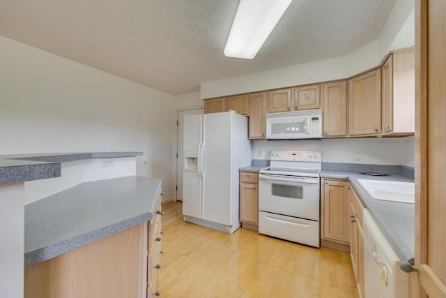 kitchen featuring light brown cabinetry, sink, white appliances, a textured ceiling, and light hardwood / wood-style flooring