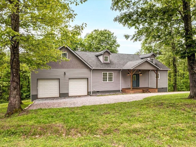 107 Straight Creek Dock Rd, New Tazewell, TN 37825 - view of front of home with crawl space, gravel driveway, a front yard, covered porch, and a garage