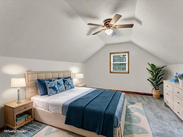 107 Straight Creek Dock Rd, New Tazewell, TN 37825 - bedroom with lofted ceiling, a textured ceiling, a ceiling fan, and light colored carpet