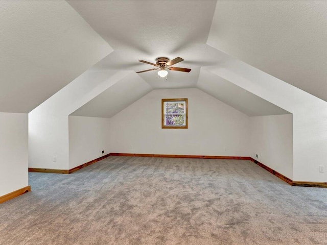 107 Straight Creek Dock Rd, New Tazewell, TN 37825 - additional living space featuring carpet, a textured ceiling, baseboards, vaulted ceiling, and a ceiling fan