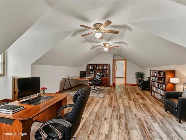 107 Straight Creek Dock Rd, New Tazewell, TN 37825 - office space featuring ceiling fan, wood finished floors, vaulted ceiling, and baseboards