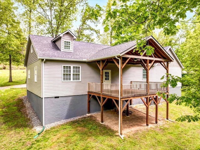 107 Straight Creek Dock Rd, New Tazewell, TN 37825 - back of house with a wooden deck, a shingled roof, a lawn, and crawl space